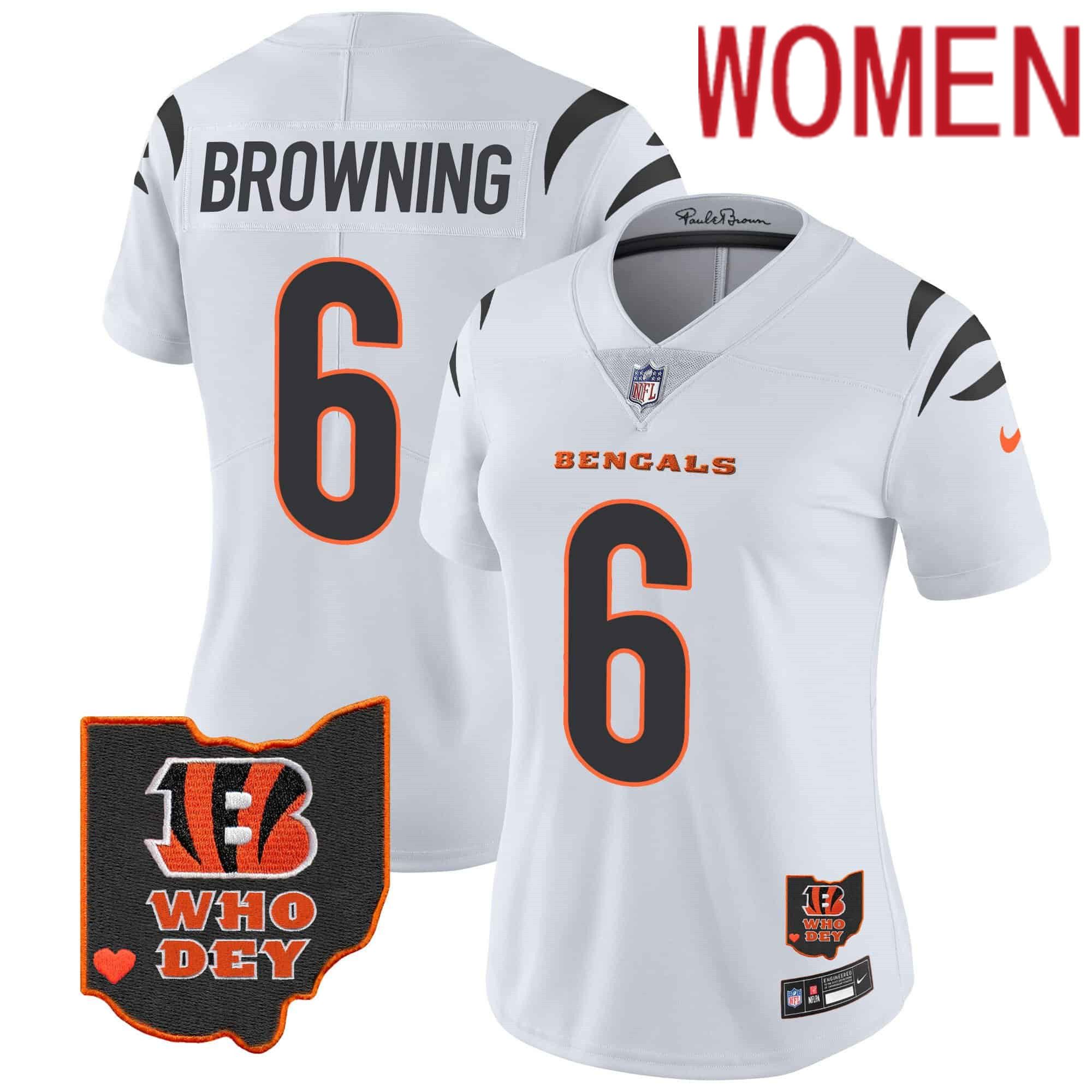 Women Cincinnati Bengals #6 Browning White 2024 Nike Patch Vapor Limited NFL Jersey